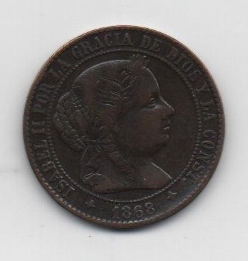 ESPAÑA ISABEL II DEL AÑO 1868 DE 2 1/2 CENTIMOS DE ESCUDO
